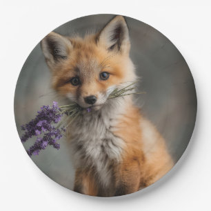 Adorable Fox Kit Holding Lavender Flowers Paper Plate