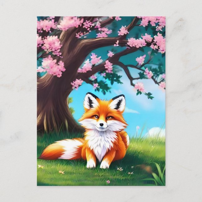 Adorable Fox Sitting Under Tree-68563 Postcard (Front)