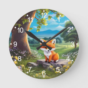 Adorable Fox Sitting Under Tree-68563 Round Clock