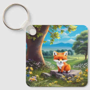 Adorable Fox Sitting Under Tree Key Ring