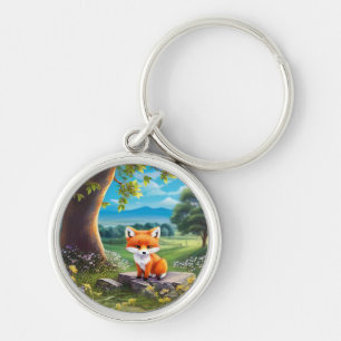 Adorable Fox Sitting Under Tree Key Ring