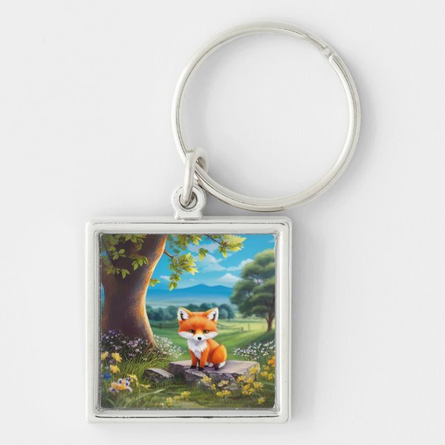 Adorable Fox Sitting Under Tree Key Ring (Front)