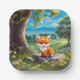 Adorable Fox Sitting Under Tree Paper Plate