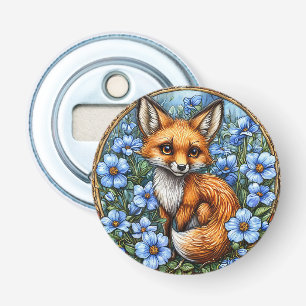 Adorable Fox Surrounded by Vibrant Blue Flowers Bottle Opener