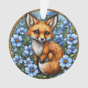 Adorable Fox Surrounded by Vibrant Blue Flowers Ornament