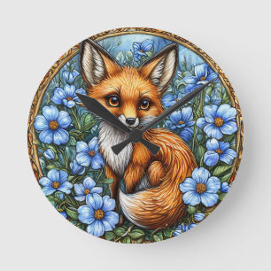 Adorable Fox Surrounded by Vibrant Blue Flowers Round Clock