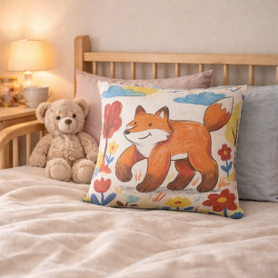 Adorable Fox Walking Among Flowers Drawing Kids Cushion
