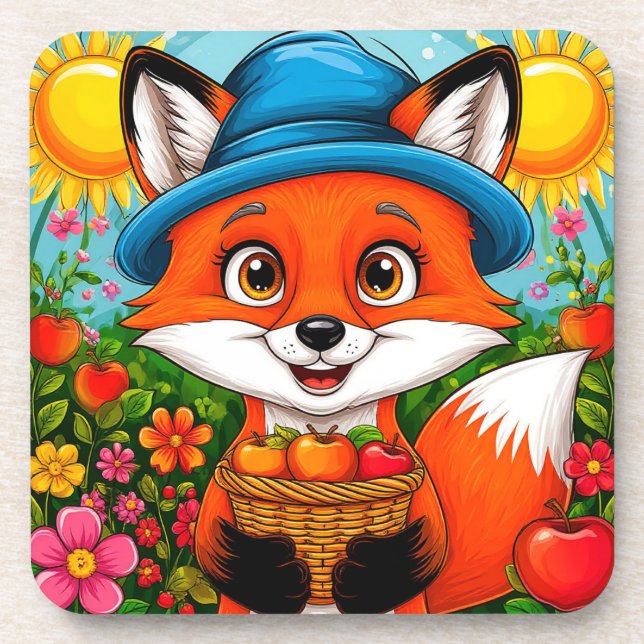 Adorable Fox With Basket of Apples Coaster (Front)