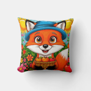 Adorable Fox With Basket of Apples Cushion