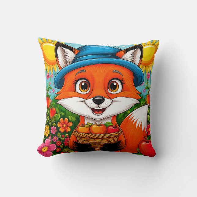 Adorable Fox With Basket of Apples Cushion (Front)