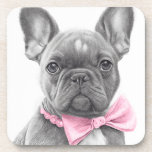 Adorable french bulldog puppy with a pink bow coaster<br><div class="desc">Adorable french bulldog with a pink bow as a pencil sketch</div>