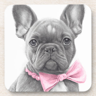 Adorable french bulldog puppy with a pink bow coaster