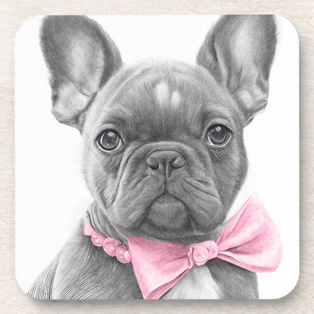 Adorable french bulldog puppy with a pink bow coaster (Front)