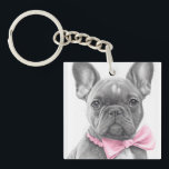 Adorable french bulldog puppy with a pink bow key ring<br><div class="desc">Adorable french bulldog with a pink bow as a pencil sketch</div>