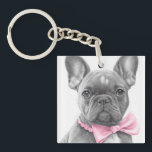 Adorable french bulldog puppy with a pink bow key ring<br><div class="desc">Adorable french bulldog with a pink bow as a pencil sketch</div>