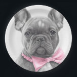 Adorable french bulldog puppy with a pink bow  paper plate<br><div class="desc">Adorable french bulldog with a pink bow as a pencil sketch</div>