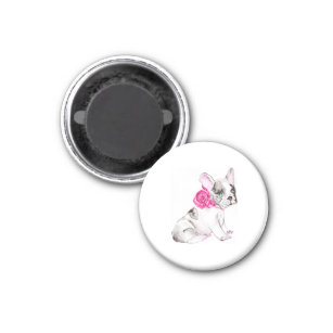 Adorable French Bulldog Puppy with Hot Pink Rose - Magnet
