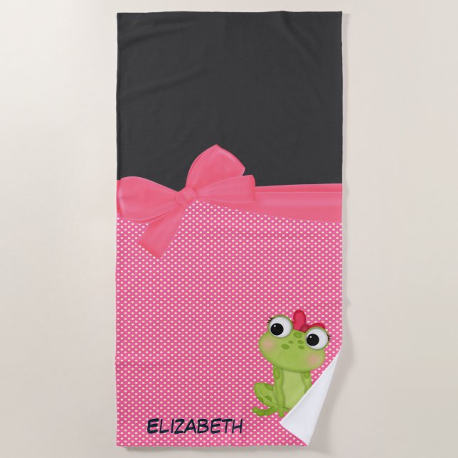 Adorable Frog,Polka Dots-Personalised Beach Towel (Front)
