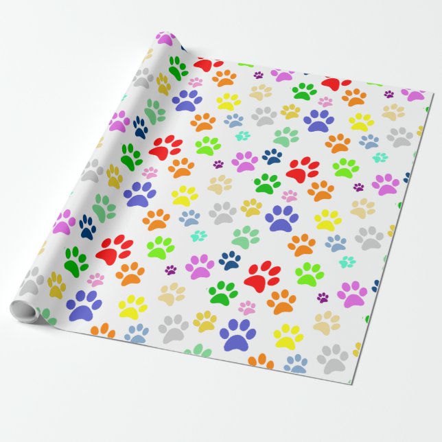 Adorable Fun and Colourful Pet Paws Print Pattern Wrapping Paper (Unrolled)
