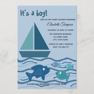 Adorable fun navy ship and fishes boy baby shower invitation