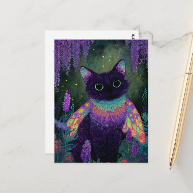 Adorable Funny Black Cat Fairy Postcard (Front/Back In Situ)