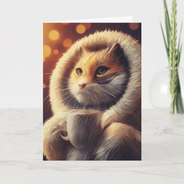 Adorable Funny Cat Holds Coffee Mug Card (Front)