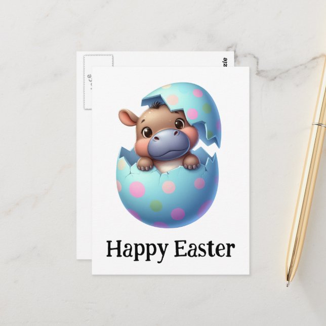 Adorable Funny Cute Easter Baby Hippo Postcard (Front/Back In Situ)