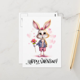 Adorable Funny Cute Valentine Rabbit Pink Flowers Postcard