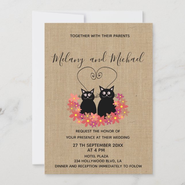 Adorable funny floral cartoon cats in love burlap invitation (Front)