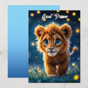 Adorable furry lion cub with sparkling eyes invitation