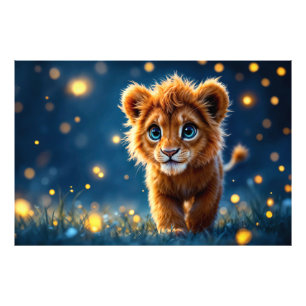 Adorable furry lion cub with sparkling eyes photo print