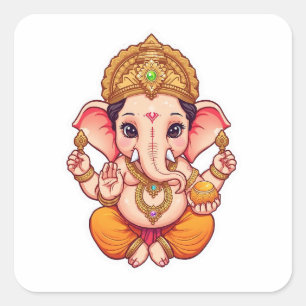 Adorable Ganpati Bappa – Chibi Style Ganesha with Square Sticker