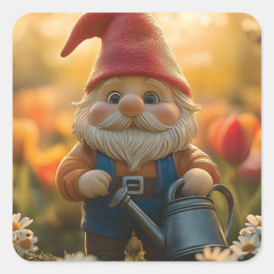 Adorable Garden Gnome with Watering Can Square Sticker