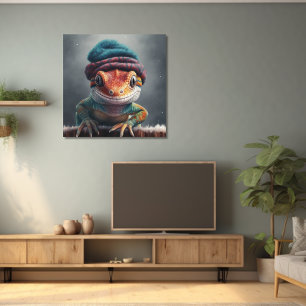 Adorable gecko wearing cute winter hat poster
