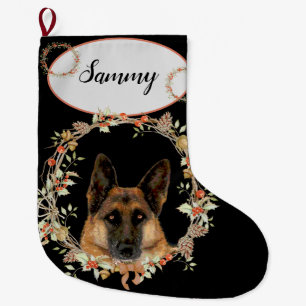 Adorable German Shepherd in Holiday Wreath Large Christmas Stocking