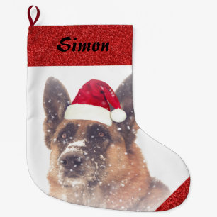 Adorable German Shepherd in Santa Hat Large Christmas Stocking