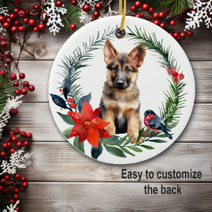 Adorable German Shepherd Pup Watercolor Poinsettia Ceramic Ornament