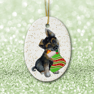 Adorable German Shepherd Puppy Christmas Stocking Ceramic Ornament