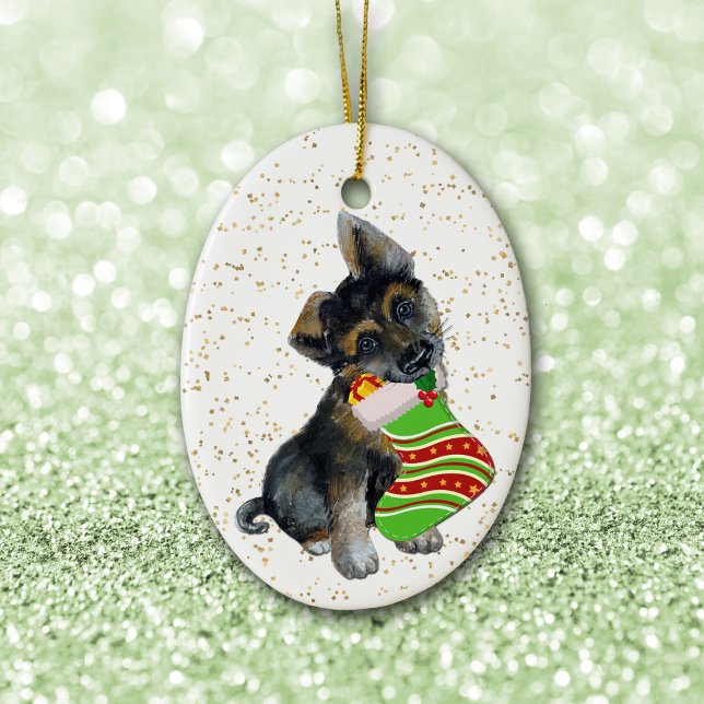 Adorable German Shepherd Puppy Christmas Stocking Ceramic Ornament (Creator Uploaded)