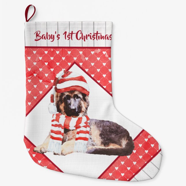 Adorable German Shepherd Puppy's First Christmas Large Christmas Stocking (Front)