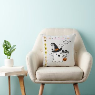 Adorable Ghost Trick or Treating Grey Halloween Cushion
