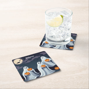 Adorable Ghosts Holding Pumpkins Under a Full Moon Square Paper Coaster