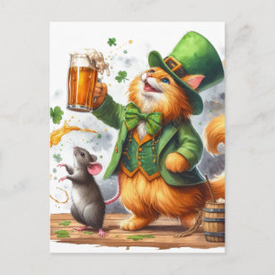 Adorable Ginger Cat and a Mouse With Beer Postcard