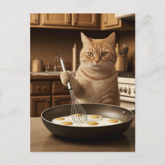 Adorable Ginger Cat Cooking Eggs For Breakfast Postcard (Front)