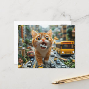 Adorable Ginger Cat Eats A Car Postcard
