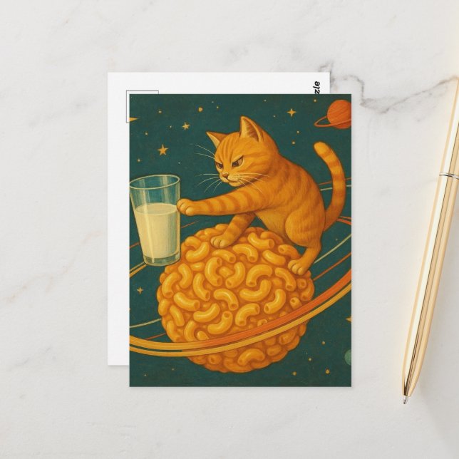 Adorable Ginger Cat Pushing Milk Off Planet Postcard (Front/Back In Situ)