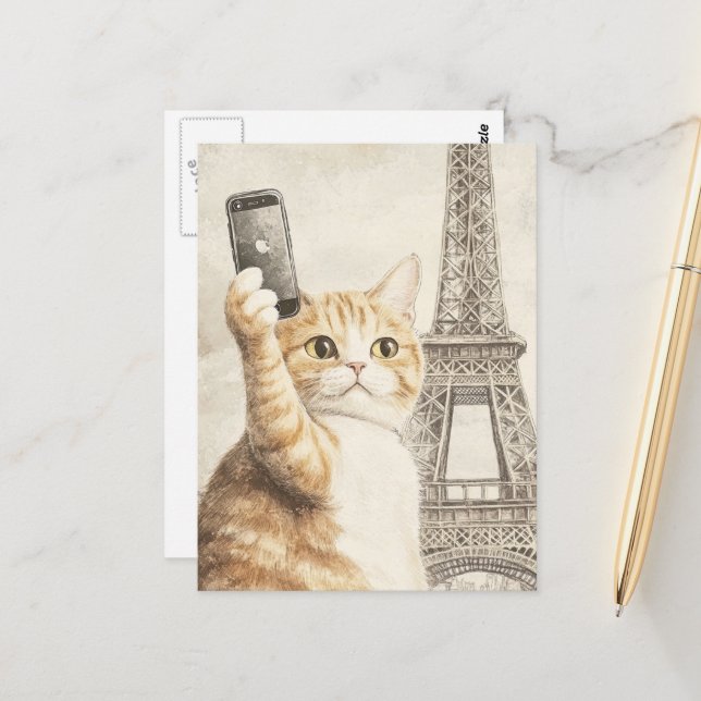 Adorable Ginger Cat Taking a Selfie in Paris Postcard (Front/Back In Situ)