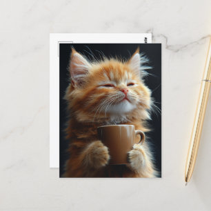 Adorable Ginger Kitten With a Coffee Postcard