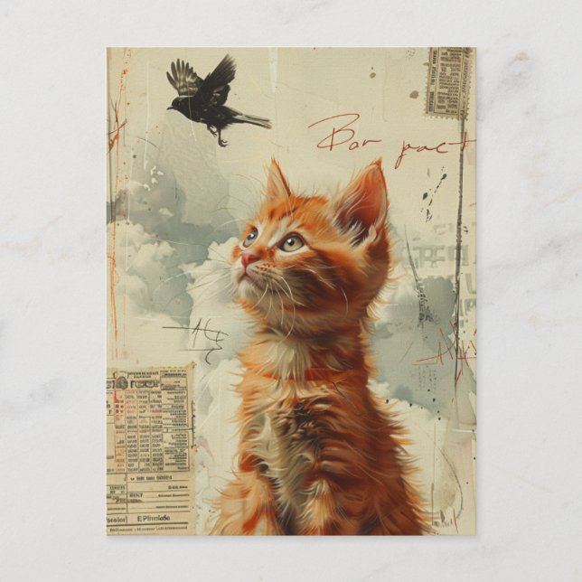 Adorable Ginger Kitten With Black Bird Mixed Media Postcard (Front)