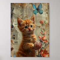 Adorable Ginger Kitten With Yarn blue butterfly